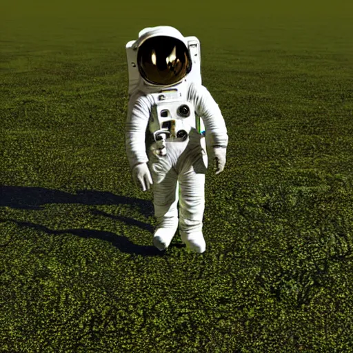 Image similar to A 3D render of an astronaut walking in a green desert