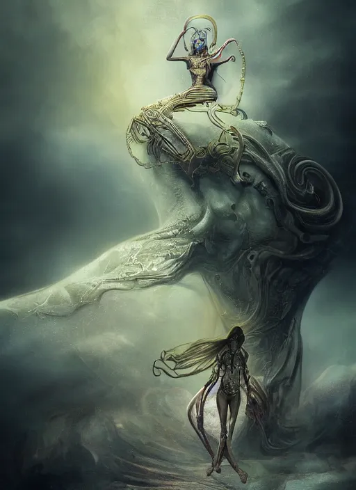 Image similar to epic portrait of menacing and anxious yet stunningly beautiful biomechanical djinn overseeing the iridescent fabric of the universe, by charlie bowater, mandy jurgens, gustav klimt, octane render, dramatic camera angle, 4k, 8k, high detail, HDR, by tom bagshaw, powerful, with inspiration from Beksinski