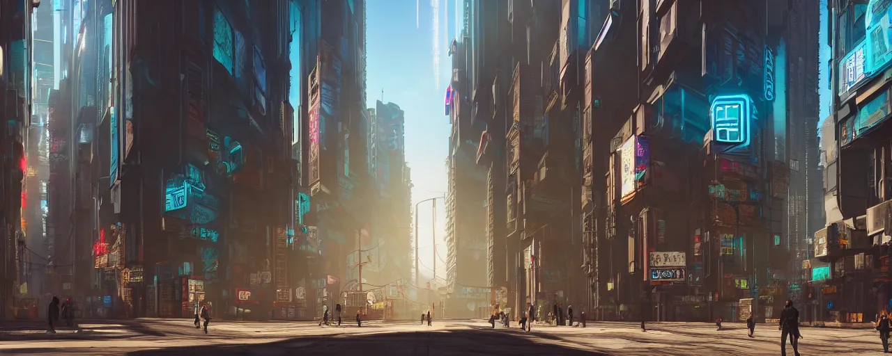 Image similar to photorealistic cyberpunk city streets. daylight. sunlight. lens flare. light fixtures. 8K. detailed. photorealism. artstation. 25mm f/1.7 ASPH Lens. ultra realistic