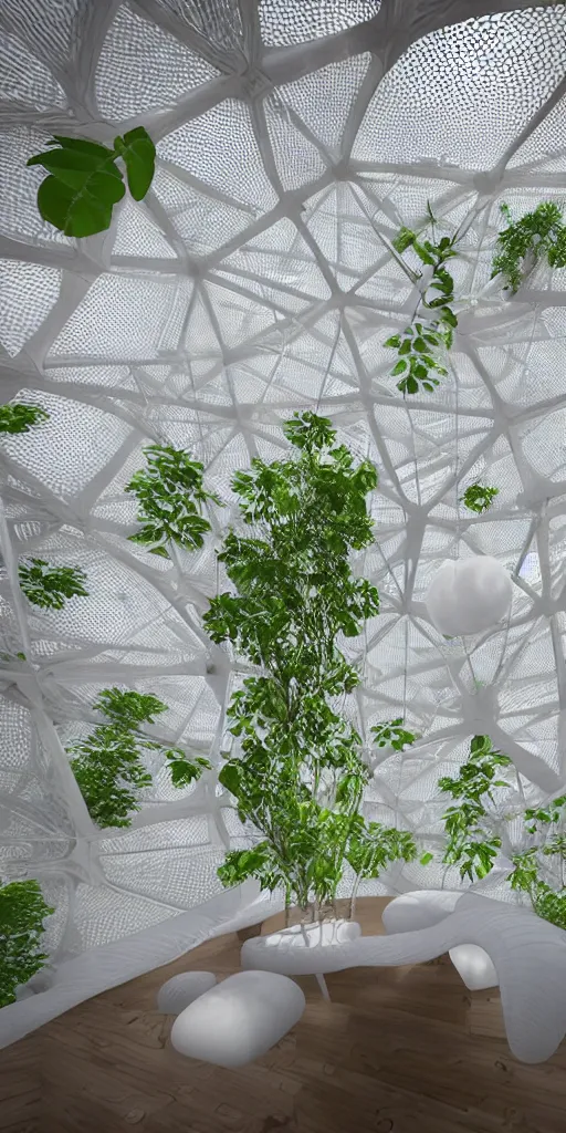 Prompt: inside inflatable organic timber home. the inflatable fabric translucent white, black stitching. very tall double - height living room and kitchen. mesh fabric strong woven texture. geodesic cellular geometry. hydroponic garden. architectural photography. unreal engine, 4 k, 8 k. volumetric lighting.