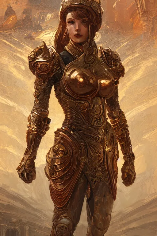 Image similar to portrait knights of Zodiac girl, golden and copper reflected armor, in ruined Agora of Athens, ssci-fi, fantasy, intricate, very very beautiful, elegant, highly detailed, digital painting, artstation, concept art, smooth, sharp focus, illustration, art by tian zi and WLOP and alphonse mucha