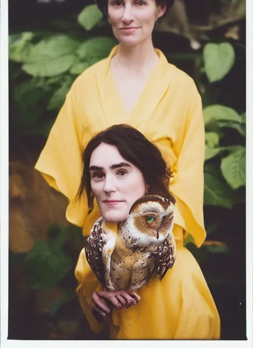 Image similar to head to shoulder portrait Polaroid film photograph of an elegant lovely woman wearing a yellow kimono with a very detailed barn owl on her shoulder!!! in a tropical greenhouse. looking at the camera!!. slight smile. super resolution. Extremely detailed. face like Jennifer Connelly. Pre - raphaelit .Polaroid 600 film.by WLOP.
