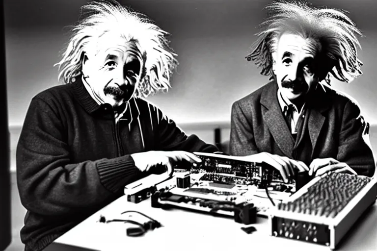 Image similar to Studio photo of Einstein building a PC, detailed, hyper realistic