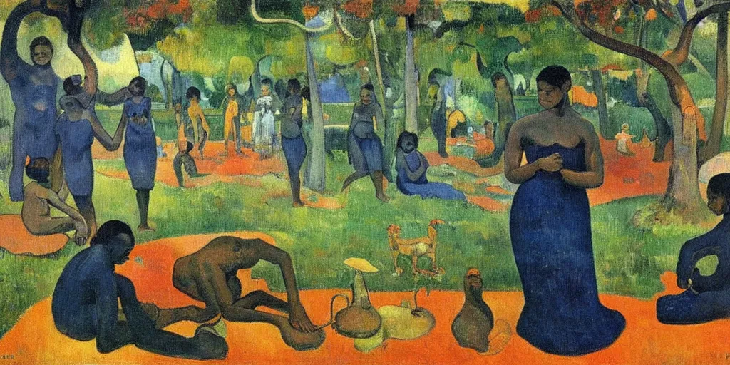 Image similar to there is another world very close to ours that we don't perceive directly, but they do interact sometimes. painting by paul gauguin ( 1 9 0 0 )