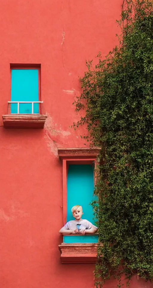 Image similar to blonde boy hanging out the window of pastel red ancient spanish architecture, teal sky behind the building, beautiful, minimalistic, aesthetic, two tone, photorealistic