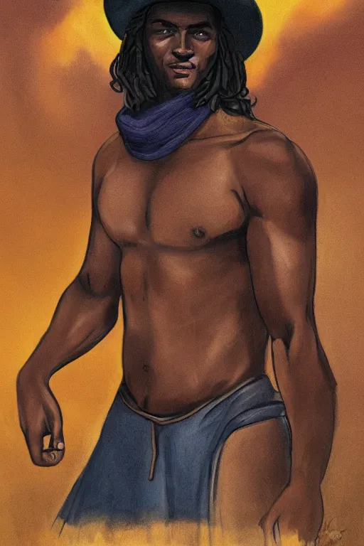 Prompt: a beautiful tarot card of a shirtless dark-skinned man in a cowboy hat and wool poncho, homoerotic, art deco, art nouveau, trending on artstation
