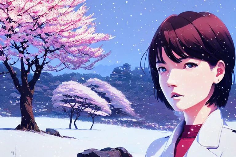 Prompt: snowy rocky field with a sakura tree : audrey plaza, fine details. anime. realistic shaded lighting poster by ilya kuvshinov katsuhiro otomo ghost - in - the - shell, magali villeneuve, artgerm, jeremy lipkin and michael garmash and rob rey