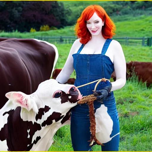 Prompt: christina hendricks milking cow in farm,