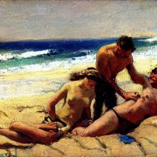 Prompt: beach, dean cornwell style,