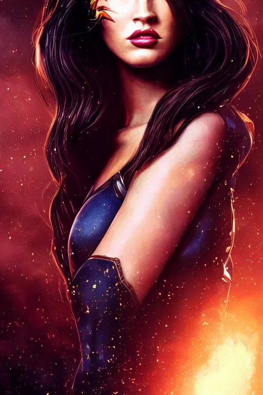 Image similar to Majestic and regal portrait of Megan Fox female Batgirl, DC universe, Perfect face, beautiful, intricate, epic, elegant, menacing, fantasy, highly detailed, digital painting, hard focus, beautiful volumetric lighting, epic light, ultra detailed, by Leesha Hannigan, Ross Tran, Thierry Doizon, Kai Carpenter, Ignacio Fernández Ríos