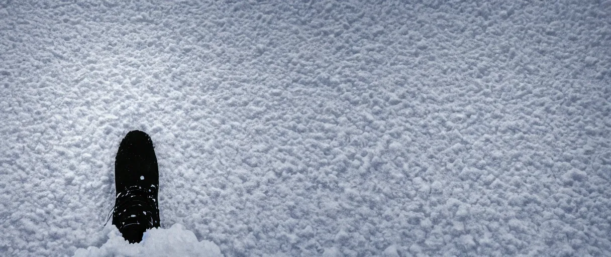 Image similar to top view extreme closeup movie like 3 5 mm film photograph of the silhouette of a man from the knees down wearing heavy boots walking through the antarctic snow during a heavy blizzard