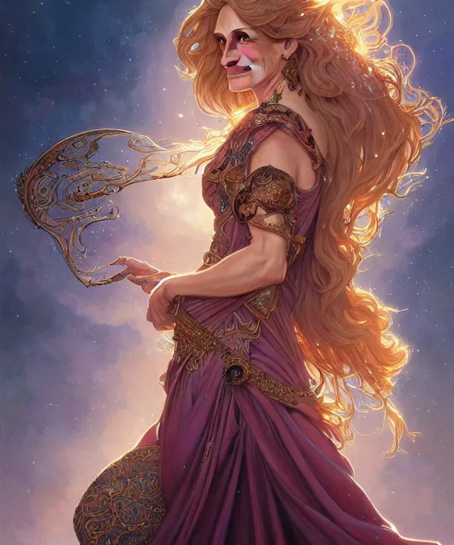 Prompt: Julia Roberts as a fantasy magic woman portrait, sci-fi, amber eyes, face, long hair, fantasy, intricate, elegant, highly detailed, digital painting, artstation, concept art, smooth, sharp focus, illustration, art by artgerm and greg rutkowski and alphonse mucha