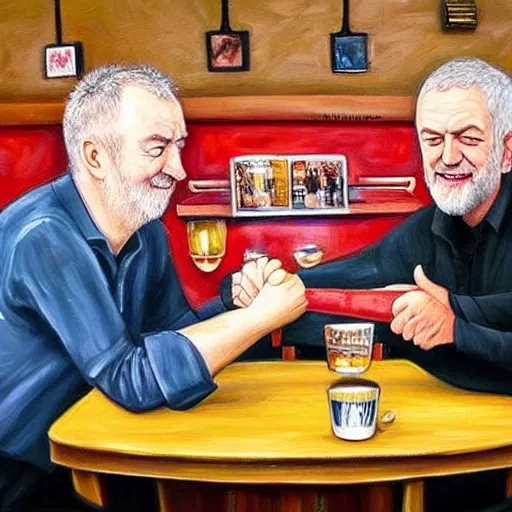 Image similar to oil painting of jeremy clarkson and jeremy corbyn arm wrestling in a dingy pub