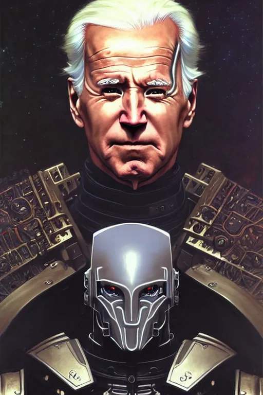 Image similar to portrait of joe biden goth cyborg with white hair in warhammer armor, art by kuvshinov ilya and wayne barlowe and gustav klimt and artgerm and wlop and william - adolphe bouguereau