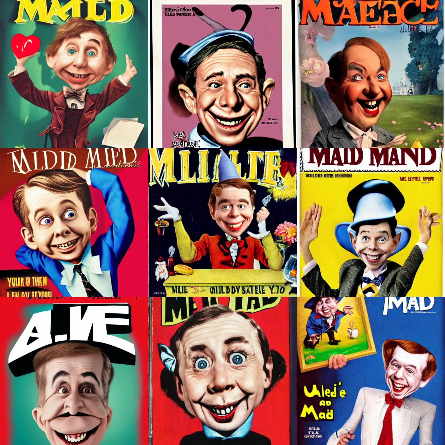 Prompt: alice in wonderland as alfred e neuman on the cover of mad magazine