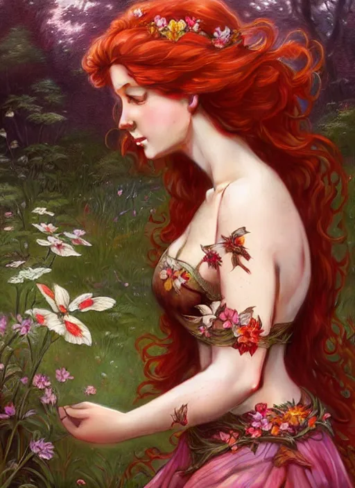 Image similar to a beautiful red haired woman as a fairy princess in a garden, deep focus, d & d, fantasy, intricate, elegant, highly detailed, digital painting, artstation, concept art, matte, sharp focus, illustration, hearthstone, art by artgerm and greg rutkowski and alphonse mucha