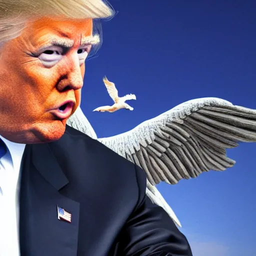 Prompt: donald trump with wings, flying, realistic, high detail, photo, 8k