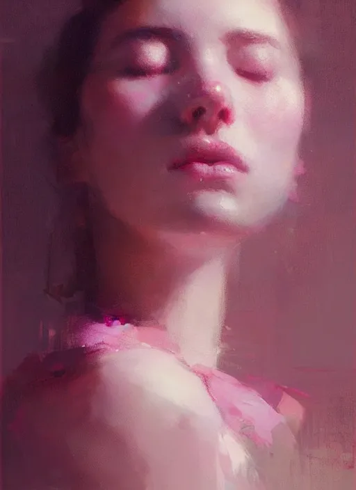 Image similar to portrait of a beautiful girl, eyes closed, shades of pink, beautiful face, rule of thirds, intricate outfit, spotlight, by greg rutkowski, by jeremy mann, digital painting