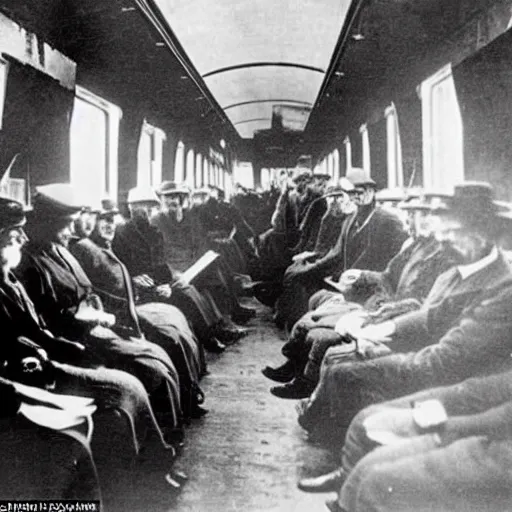 Image similar to an old historical photo of commuters in the train to new york, 1 8 9 0, everybody is looking on their smartphones