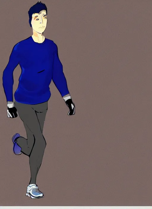 Prompt: a concept art of a man wearing a blue vest, navy blue sweater, black sports pants, fingerless gloves, and white running shoes