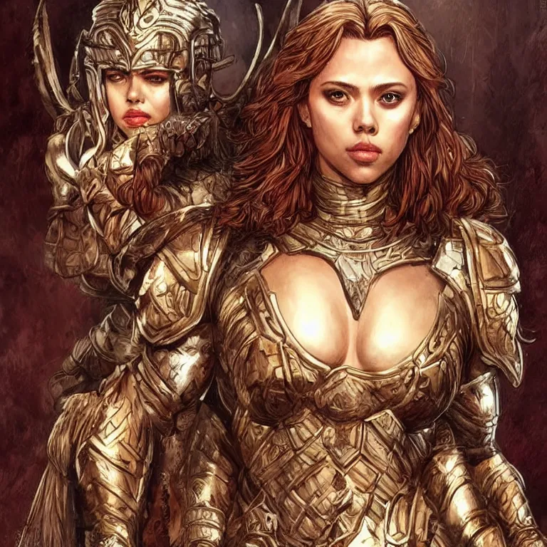 Image similar to scarlett johannson as an amazon warrior, a tall beautiful woman with brown skin and long hair, dressed in hellenistic body armor, intricate, elegant, highly detailed, smooth, sharp focus, detailed face, art by ardian syaf