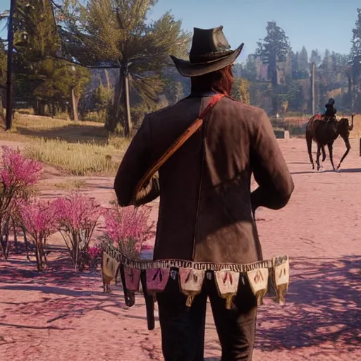 Image similar to pink and white unicorn in red dead redemption 2