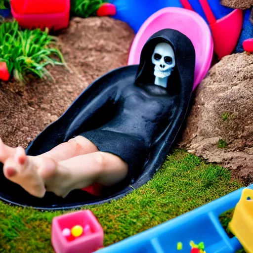 Image similar to grim reaper lying inside a kiddie pool, very detailed, very realistic, photograph, photoshoot, 5 0 mm, canon, nikon, zeiss lens, editorial, perfect composition, perfect lighting, 4 k