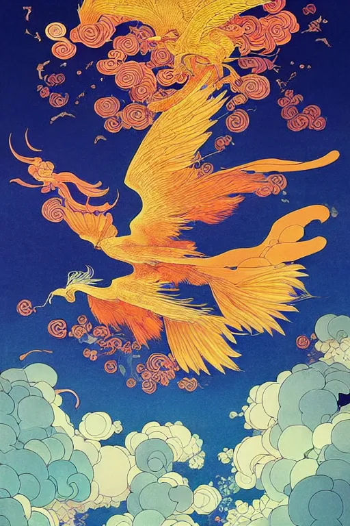 Prompt: victo ngai and lfons mucha painting of a phoenix in the sky, chinese style