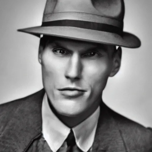 Image similar to A photograph portrait of Jerma985 wearing a suit with and fedora in the 1940s, taken in the early 1940s, grainy, taken on a 940s Kodak Camera, realistic, hyperrealistic, very realistic, highly detailed, very detailed, extremely detailed, detailed, digital art, trending on artstation