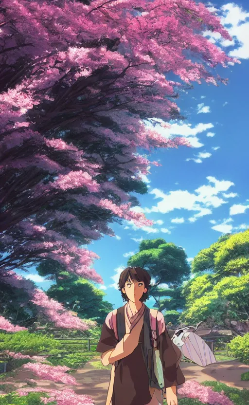 Image similar to an ultrawide photo of picollo standing in front of sakura trees, studio ghibli concept art, detailed face, beautiful face, beautiful eyes, beautiful lighting, hdr, 4 k