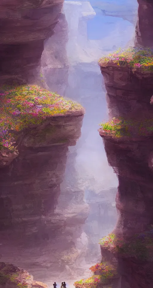 Prompt: canyon, ground filled with flowers, camel traders walking through, artstation