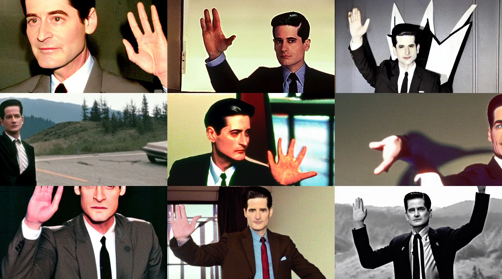 Prompt: agent dale cooper from twin peaks waving goodbye