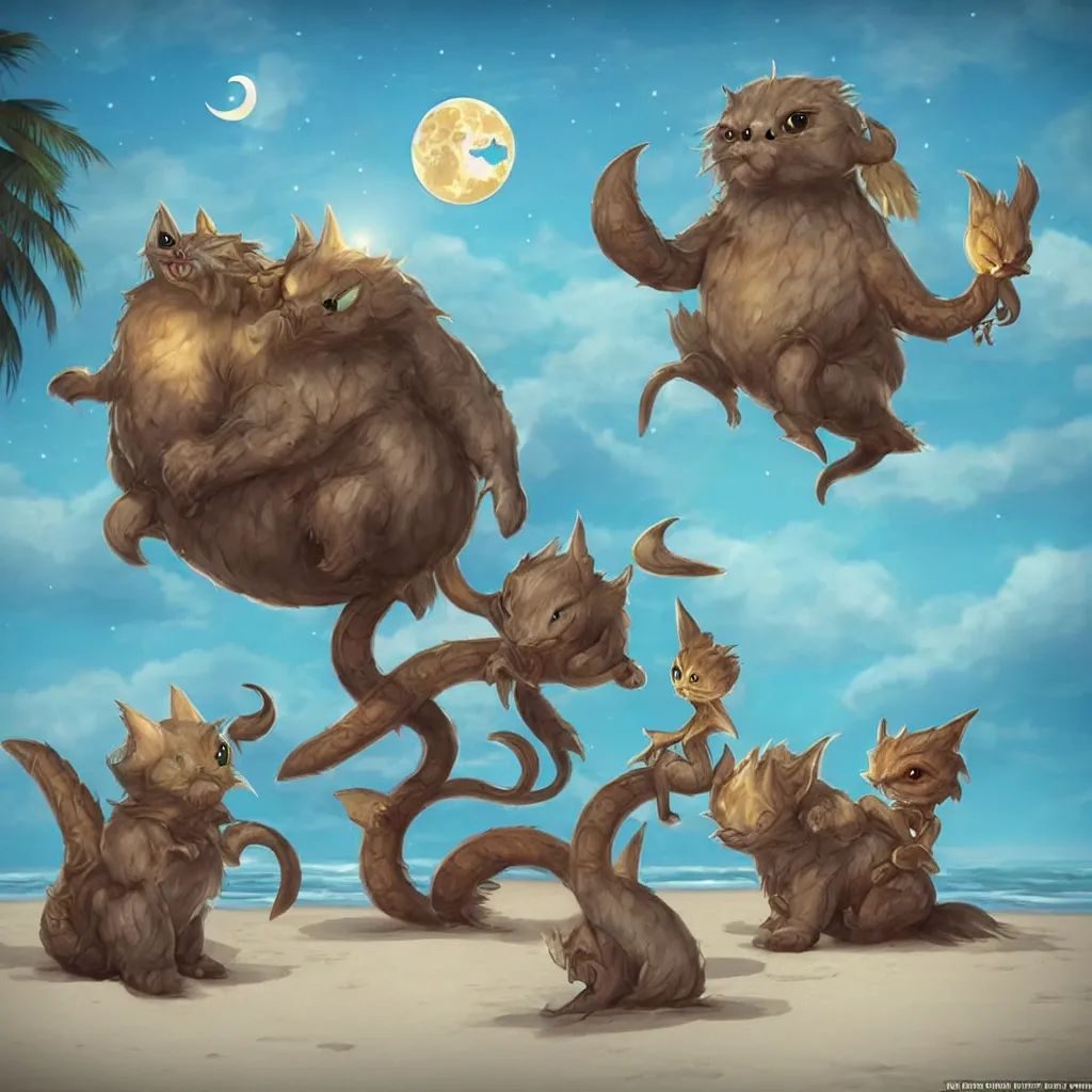 Image similar to cute fantasy critters at a beach looking at the moon, ultra realistic, concept art, highly detailed