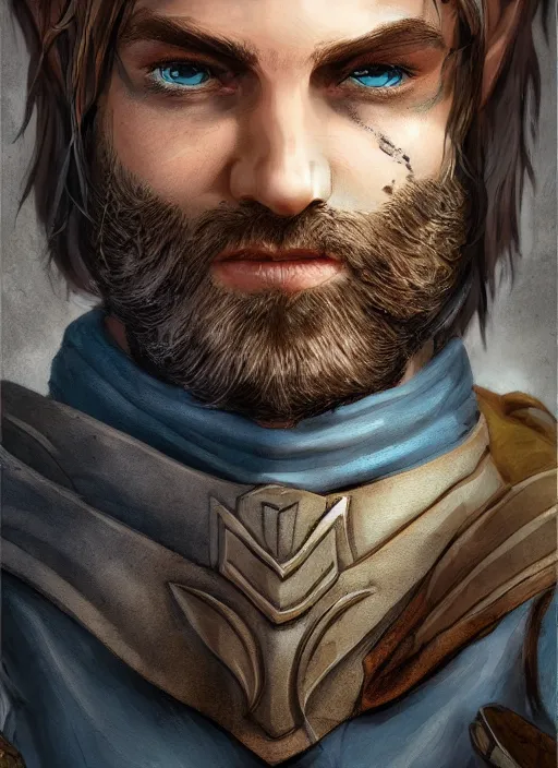 Image similar to A fantasy comic book style portrait painting of sad half elf ranger, shaggy brown hair, scruffy beard, scar on face, blue tunic, unreal 5, DAZ, hyperrealistic, octane render, cosplay, RPG portrait, dynamic lighting