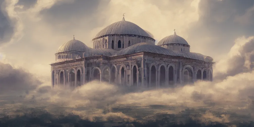 Image similar to beautiful digital illustration of a Byzantine palace in a sea of clouds, fluffy pastel clouds, establishing shot, cinematic, architecture, concept art, deviantArt, artsation, artstation HQ, HD, 16k resolution, smooth, sharp detail, amazing depth, octane, finalRender, Unreal Engine