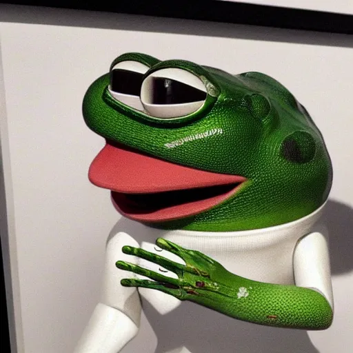 Prompt: a realistic detailed photo of a pepe the frog who is an attractive who is half robot and half frog, who is a frog android, actor liam hemsworth, shiny skin, posing like a statue, blank stare, in a lab, on display, showing off his muscles