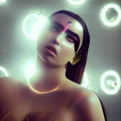 Prompt: beautiful Fine art photo of enraptured Dua Lipa as a solarpunk robotic goddess, white mechanical parts with led lights, photorealistic, centered, chest and face, highly detailed and intricate, sun lighting, HDR 8k