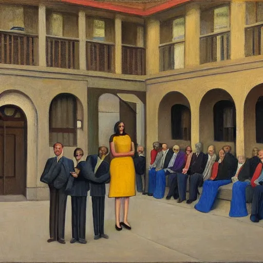 Image similar to public trial in a courtyard, grant wood, pj crook, edward hopper, oil on canvas