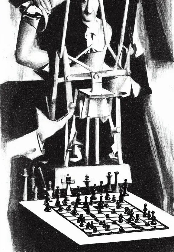 Image similar to a concept drawing of marcel duchamp holding up a chess - piece wire - machine, a surrealist painting by marcel duchamp, complex artificial - intelligence machinery, minimal sketch flow - chart, academic art, 1 9 2 0 s