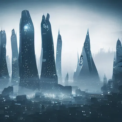 Prompt: futuristic city surrounded by dark mist