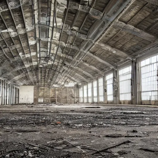 Prompt: interior of a large decayed industrial hall, perfectly clean, phase one photo,