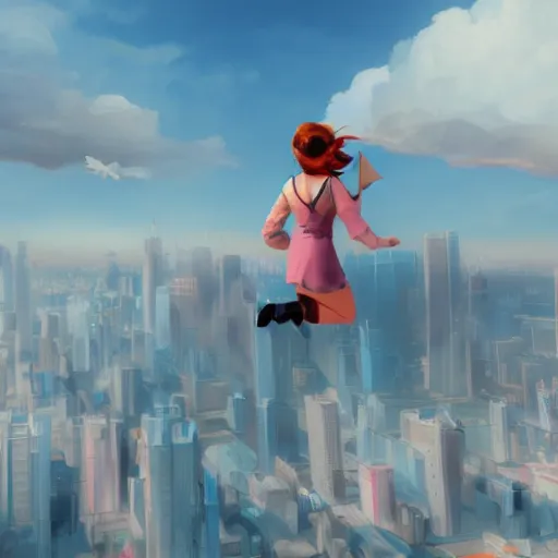 Prompt: spuergirl flying, cityscape, cloud day, artstation, 8 k