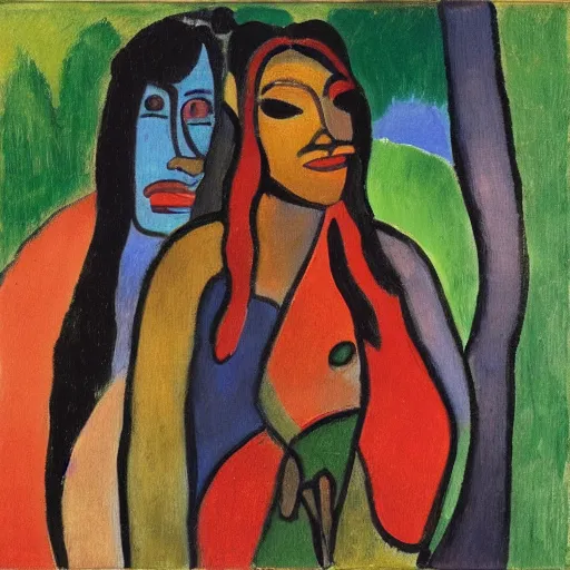 Prompt: painting of a tiger and young native american woman in a jungle by alexej von jawlensky