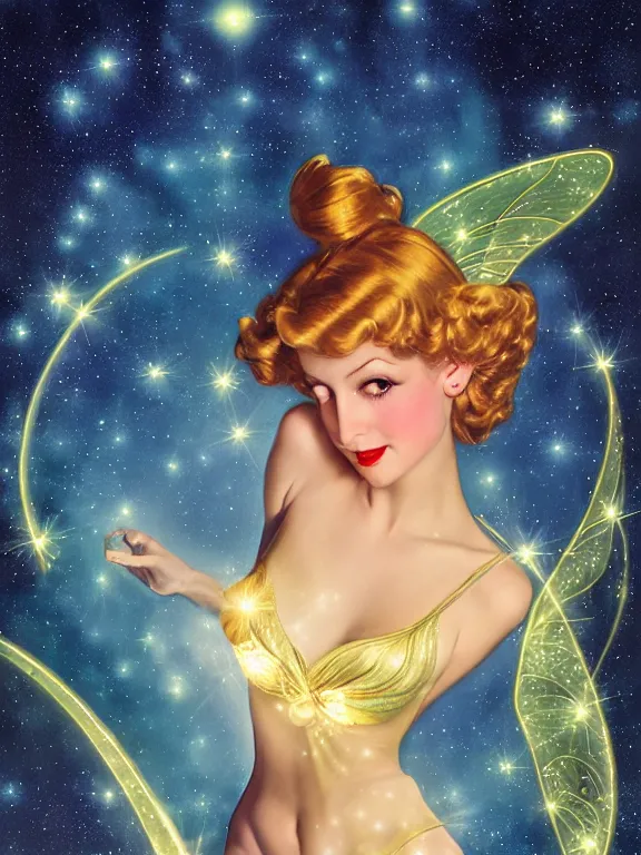 Prompt: Diana argon as tinkerbell glowing, a beautiful art nouveau portrait by Gil elvgren and Hajime Sorayama, moonlit starry sky environment, centered composition, defined features, golden ratio, gold jewlery, photorealistic professionals lighting, cinematic, sheer glass flower silk, light effect