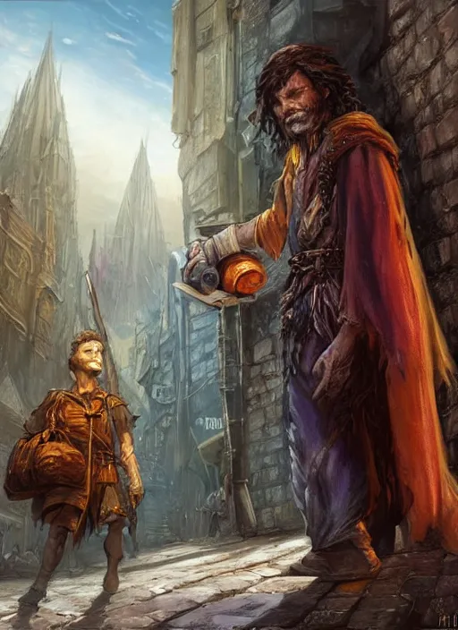 Prompt: poor beggar on the streets, ultra detailed fantasy, dndbeyond, bright, colourful, realistic, dnd character portrait, full body, pathfinder, pinterest, art by ralph horsley, dnd, rpg, lotr game design fanart by concept art, behance hd, artstation, deviantart, hdr render in unreal engine 5