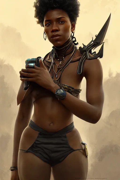 Image similar to photorealistic portrait of a young butch solarpunk black woman, handsome, female, masculine, upper body, fantasy, fierce, sharp features, intricate, elegant, highly detailed, digital painting, artstation, concept art, matte, sharp focus, illustration, art by artgerm and greg rutkowski and alphonse mucha