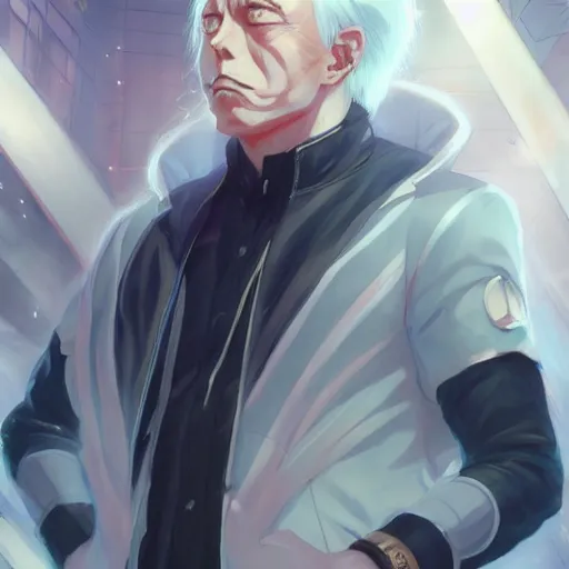 Image similar to anime portrait of old elon musk as an anime boy, white hair, by Stanley Artgerm Lau, WLOP, Rossdraws, James Jean, Andrei Riabovitchev, Marc Simonetti, and Sakimichan, trending on artstation