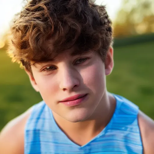 Prompt: portrait of a boy around 20 yo. Natural brown hair, net tanktop. Detailed face. Blue sky background. Foto 8K