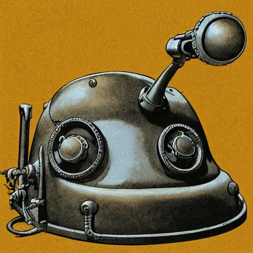 Prompt: old diving helm on a table, scientific equipment illustration by tony diterlizzi