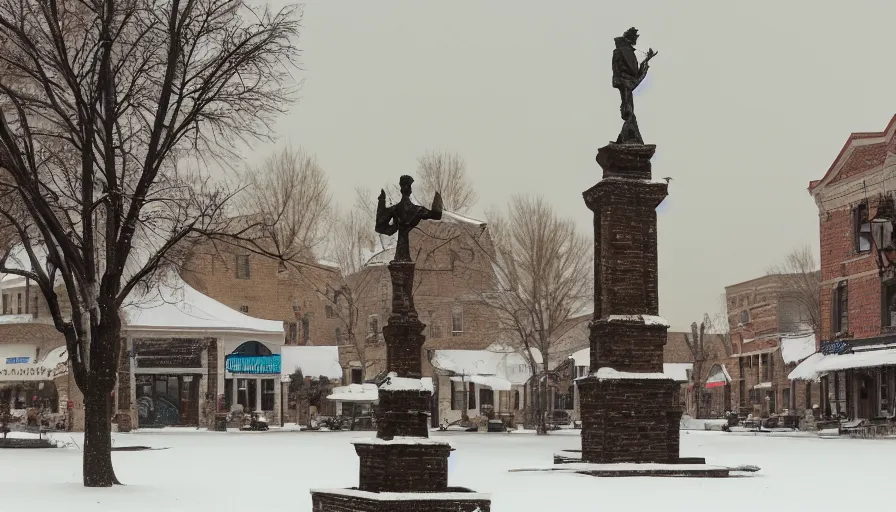 Image similar to small midwest town's square with statue under snow, winter, snow dunes, hyperdetailed, artstation, cgsociety, 8 k